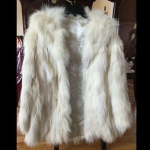 Vintage White Fox Fuzzy Jacket Leather Trim S/M